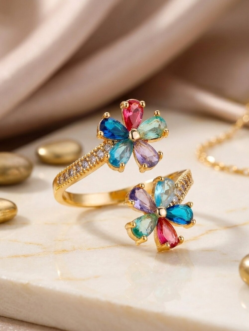 Adjustable 18K Gold Plated Rainbow Cubic Zirconia Double Flower Ring